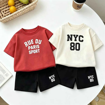 Cotton Paris Sport Red Tee & NYC 80 Black Shorts Set