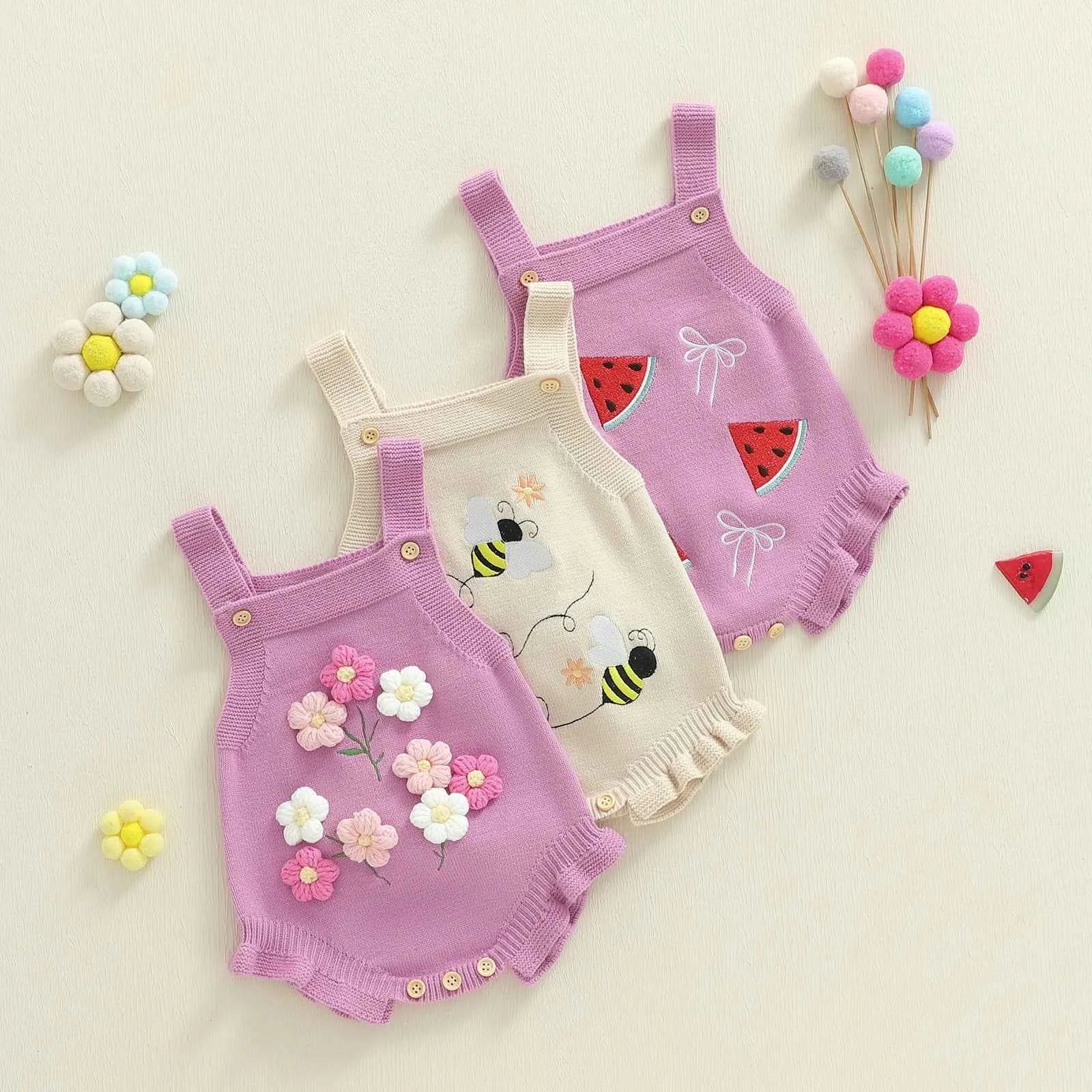 Knitted Floral Bee & Watermelon Rompers Set