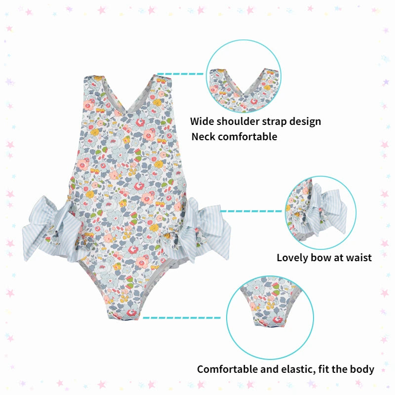 Floral Ruffle Swimsuits With Striped Bow & Sleeve Detail
