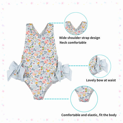 Floral Ruffle Swimsuits With Striped Bow & Sleeve Detail