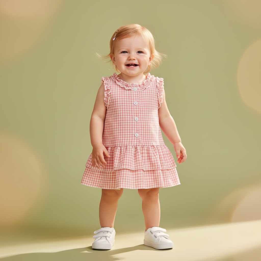 Gingham Ruffle Sleeve Button Tiered Dress