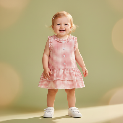 Gingham Ruffle Sleeve Button Tiered Dress