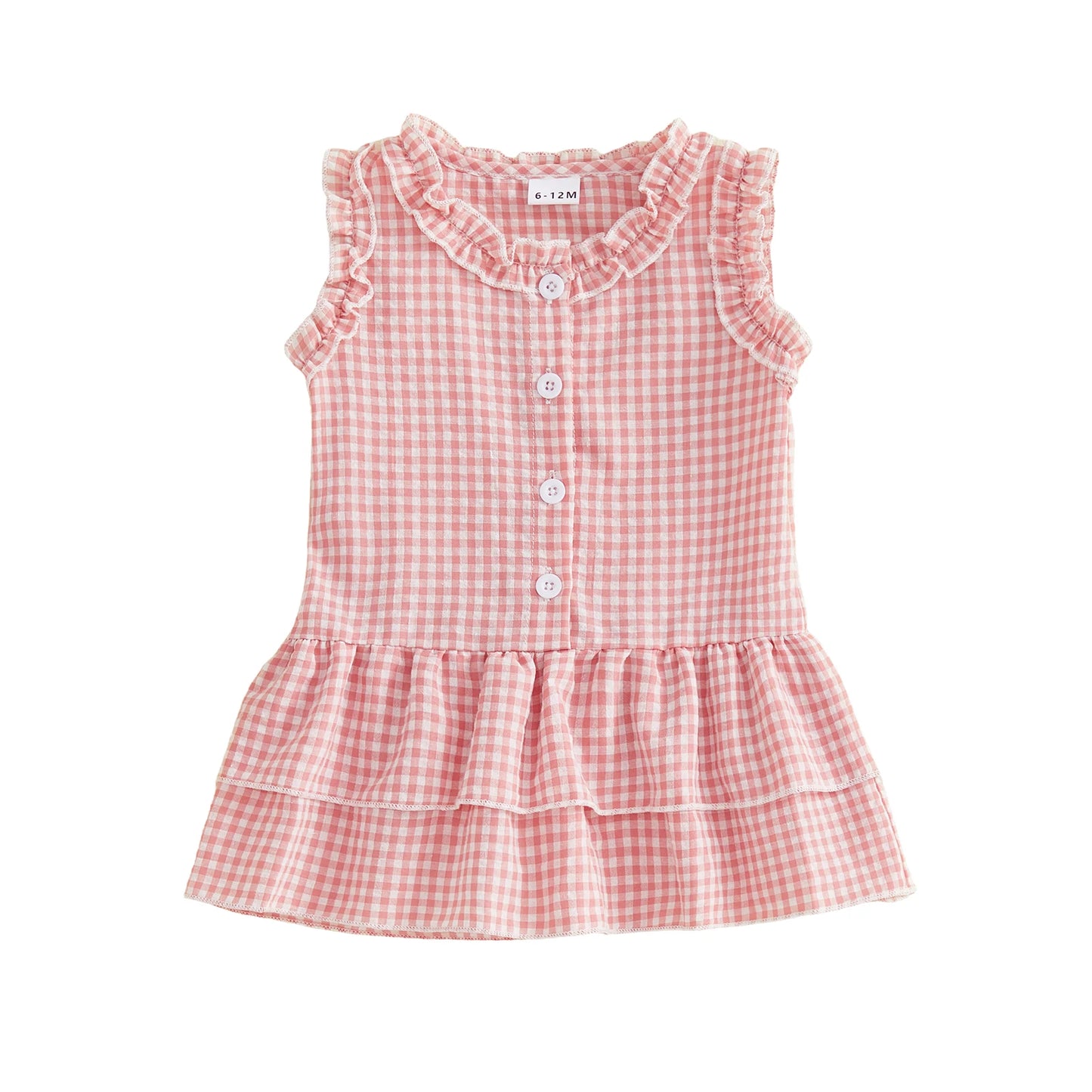 Gingham Ruffle Sleeve Button Tiered Dress