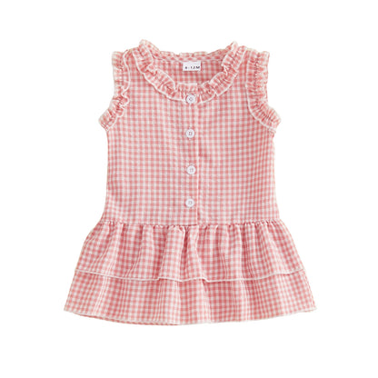 Gingham Ruffle Sleeve Button Tiered Dress