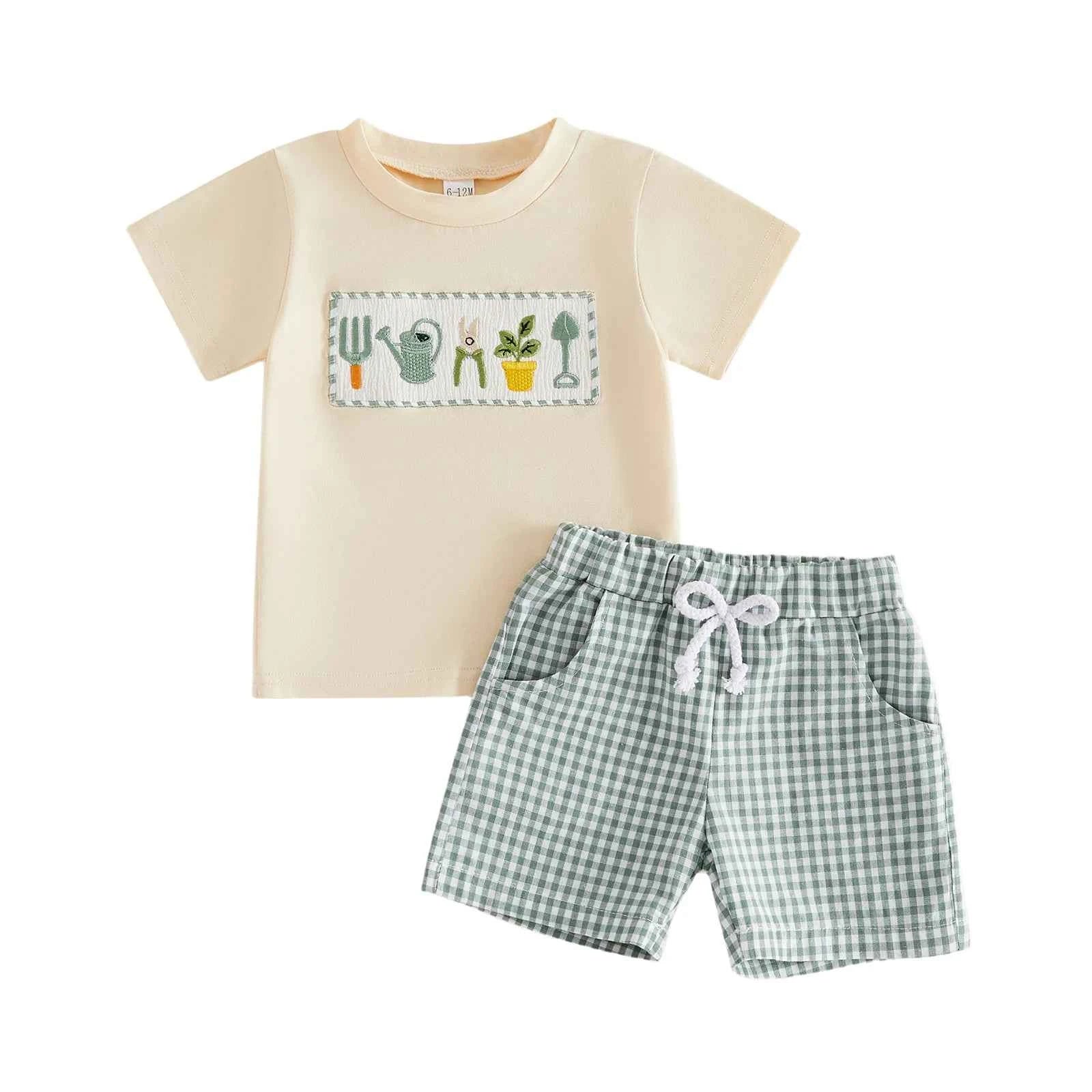 Cotton Garden Tools Embroidered Tee & Green Gingham Shorts Set