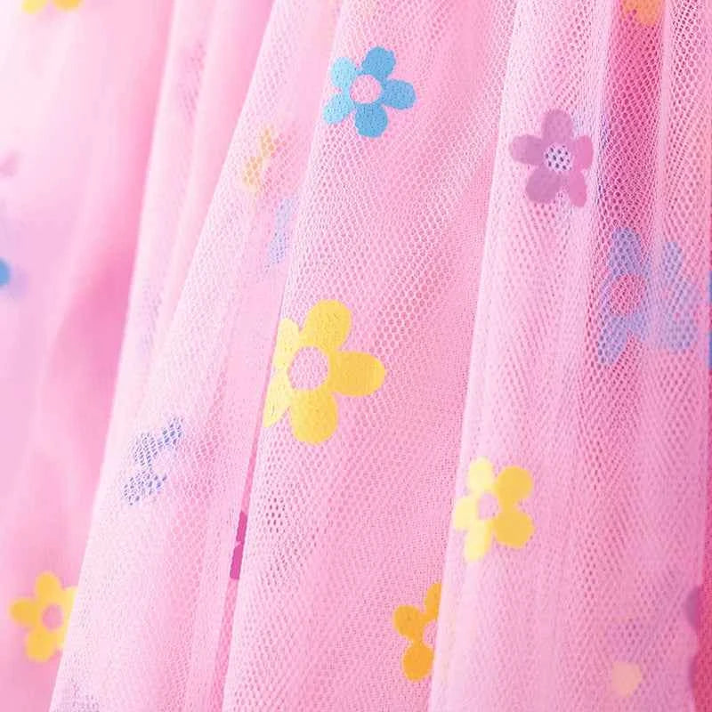 100% Cotton Pink Floral Tulle Dress With Bunny Applique Straps
