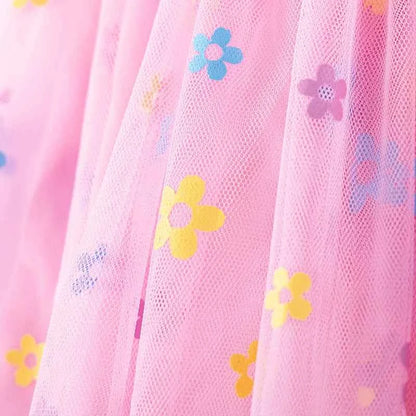 100% Cotton Pink Floral Tulle Dress With Bunny Applique Straps