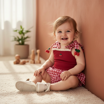 Cotton Red Cherry Tank Top & Plaid Skirt Bloomer Set