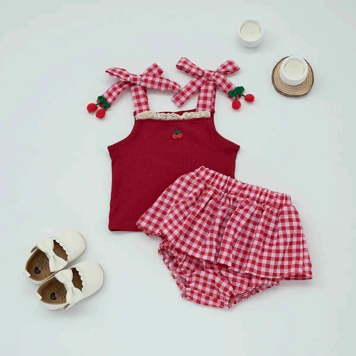 Cotton Red Cherry Tank Top & Plaid Skirt Bloomer Set