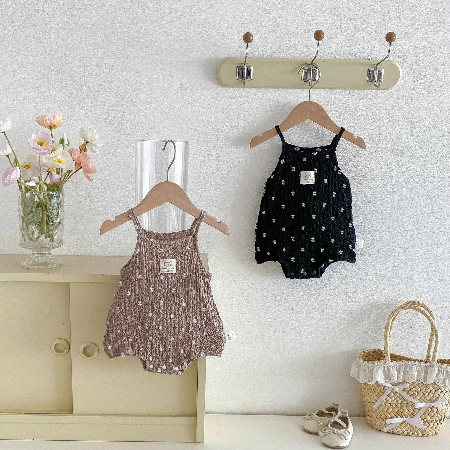 100% Cotton Smocked Sleeveless Romper Playsuit In Black & Brown