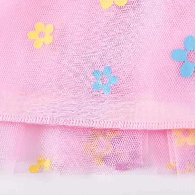 100% Cotton Pink Floral Tulle Dress With Bunny Applique Straps
