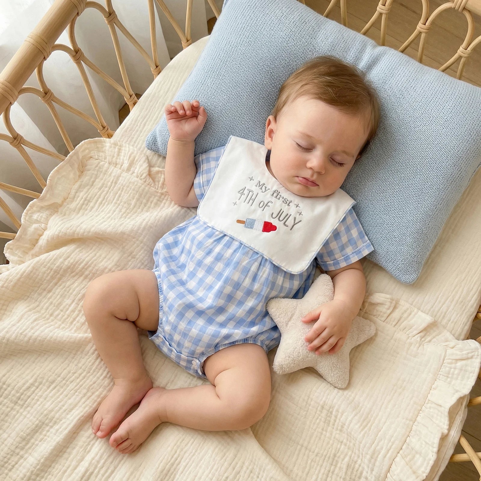 Cotton Blue Gingham Romper & Patriotic Bib Set