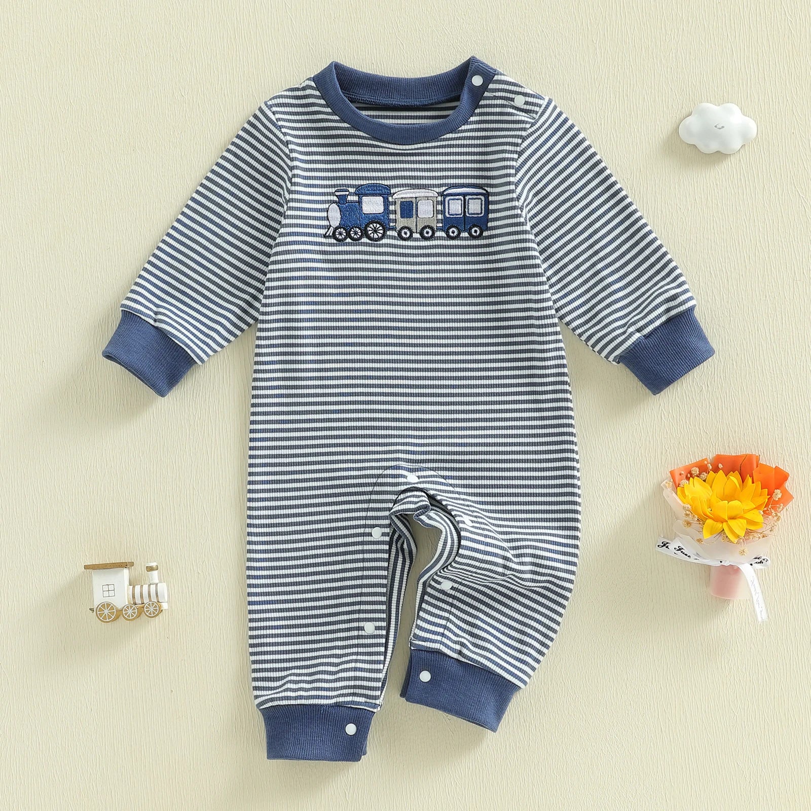 Cotton Striped Train Applique Romper With Snap Closures