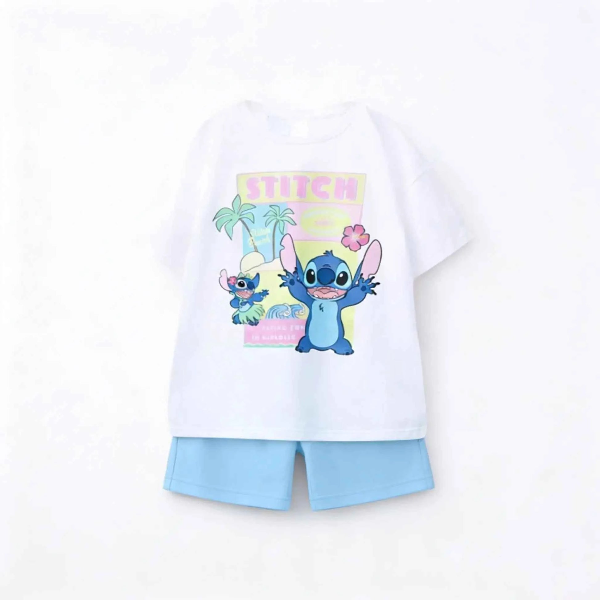 Cotton Stitch Summer Tee & Shorts Set With Cartoon Print