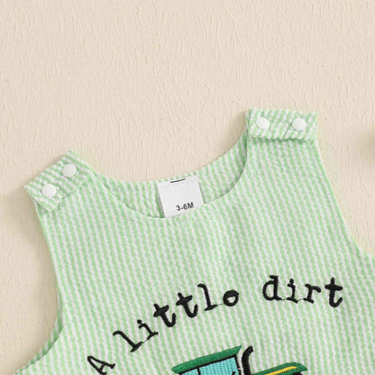 Cotton Green Seersucker Tractor Romper With Snap Button Closures