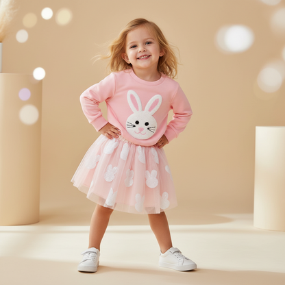 Cotton Pink Bunny Applique Sweatshirt & Tulle Skirt Set