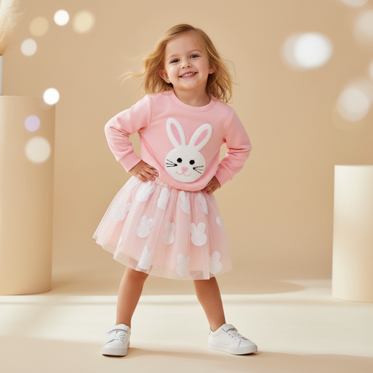 Cotton Pink Bunny Applique Sweatshirt & Tulle Skirt Set