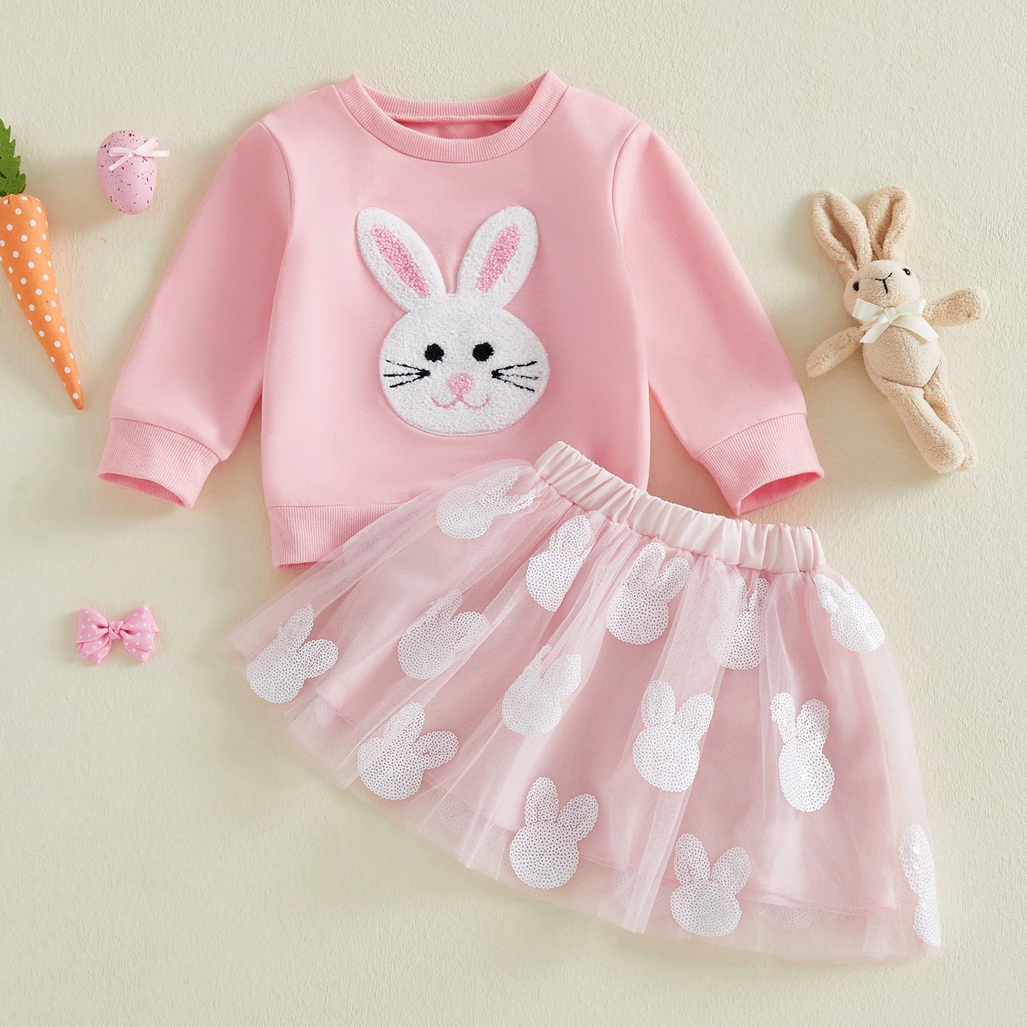 Cotton Pink Bunny Applique Sweatshirt & Tulle Skirt Set