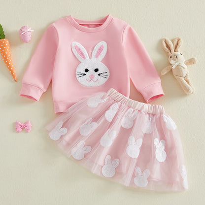 Cotton Pink Bunny Applique Sweatshirt & Tulle Skirt Set