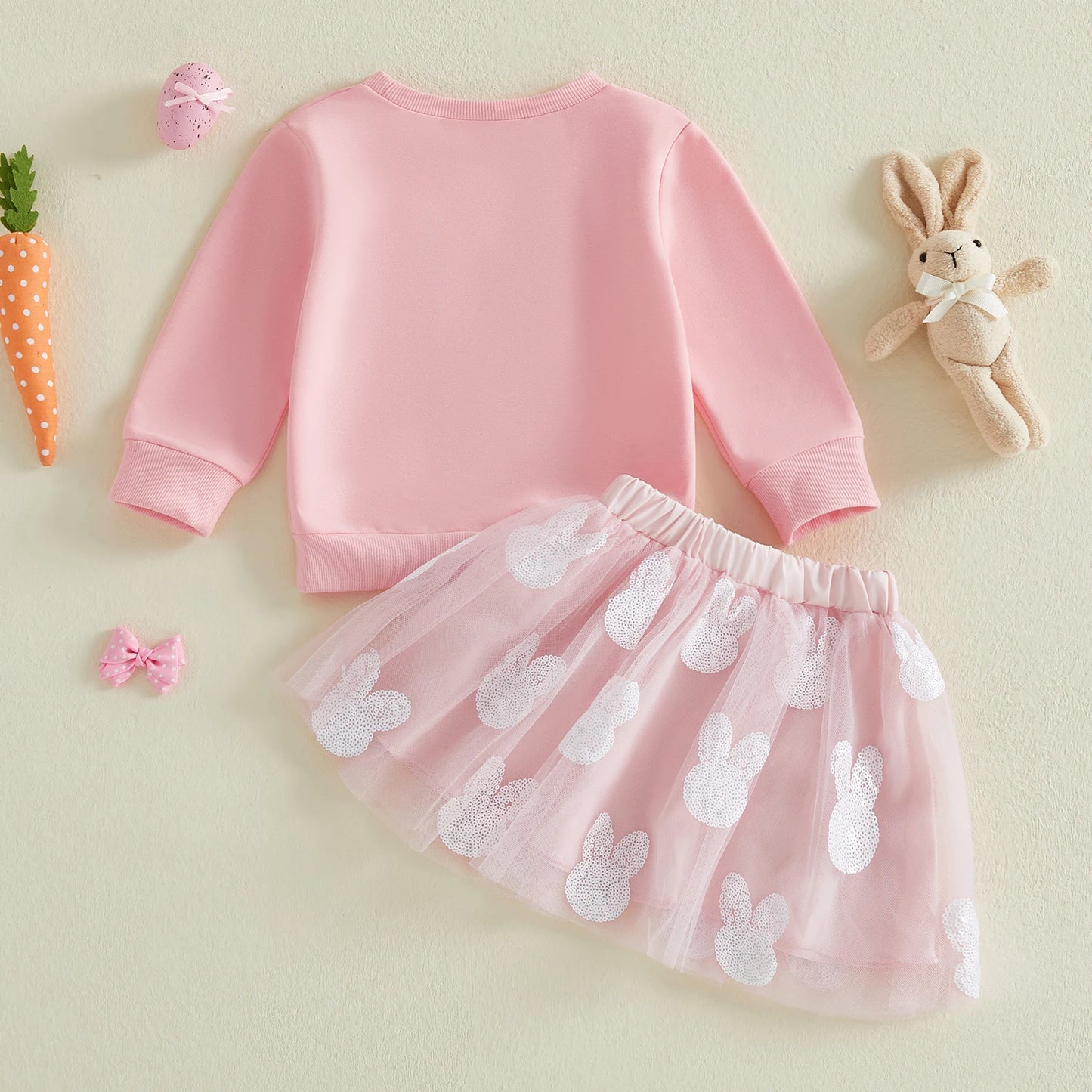 Cotton Pink Bunny Applique Sweatshirt & Tulle Skirt Set