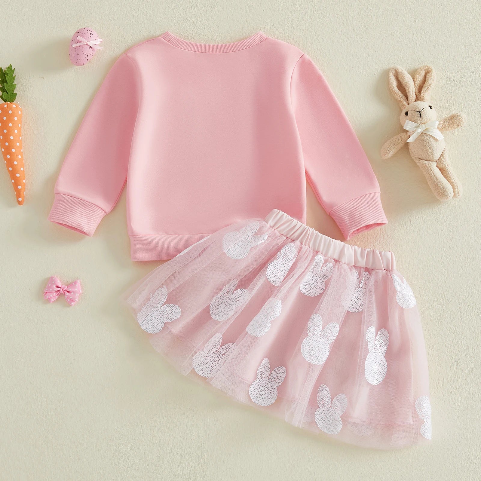Cotton Pink Bunny Applique Sweatshirt & Tulle Skirt Set