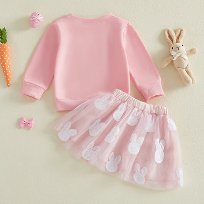 Cotton Pink Bunny Applique Sweatshirt & Tulle Skirt Set
