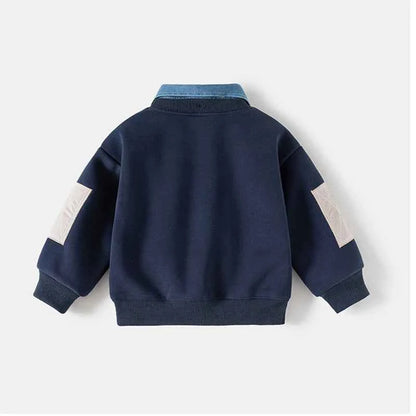 Denim Collar Patch Pocket Sweatshirt Navy & Grey
