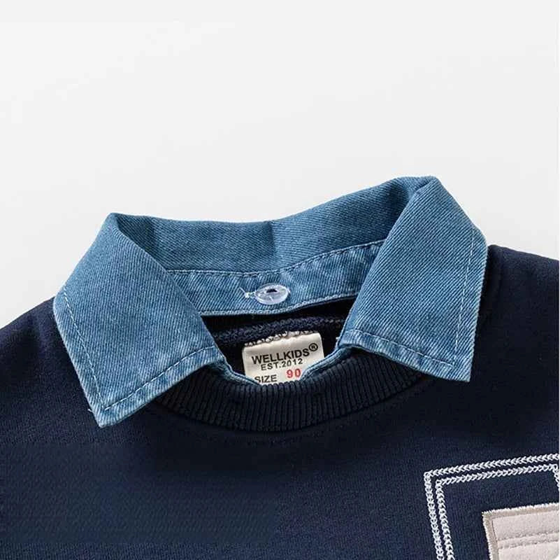 Denim Collar Patch Pocket Sweatshirt Navy & Grey
