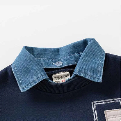 Denim Collar Patch Pocket Sweatshirt Navy & Grey