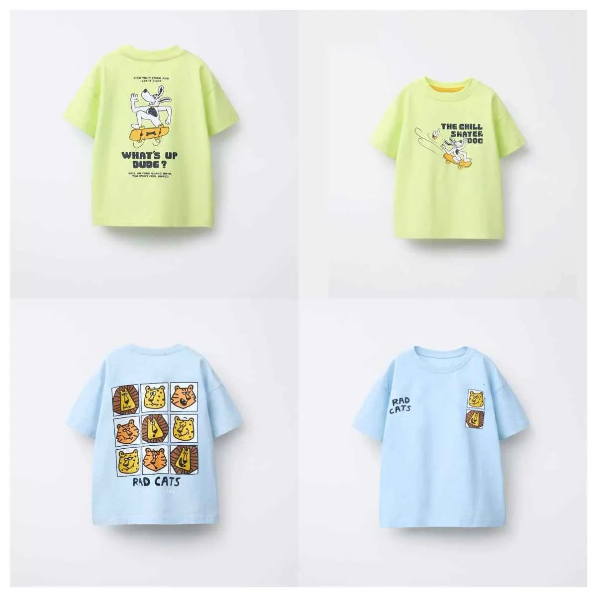 Cotton Skater Dog & Rad Cats Cartoon Print Cotton Tee
