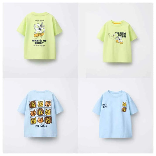 Cotton Skater Dog & Rad Cats Cartoon Print Cotton Tee