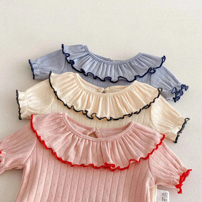 100% Cotton Ribbed Ruffle Collar Bodysuit Set Pink Cream Blue