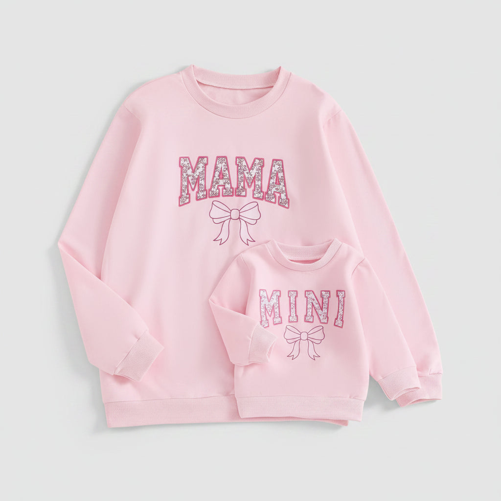 Cotton Matching Mama & Mini Pink Bow Sweatshirts