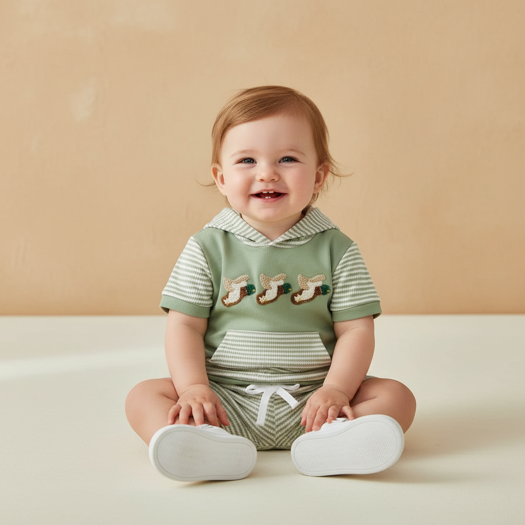 Cotton Striped Hooded Tee & Shorts Set With Duck Embroidery