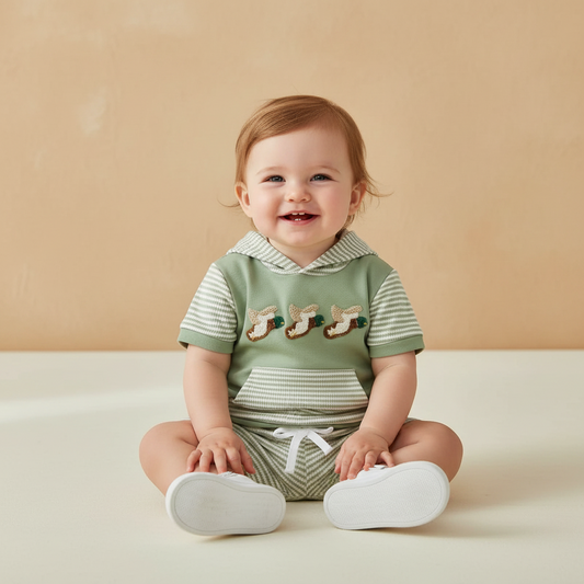 Cotton Striped Hooded Tee & Shorts Set With Duck Embroidery