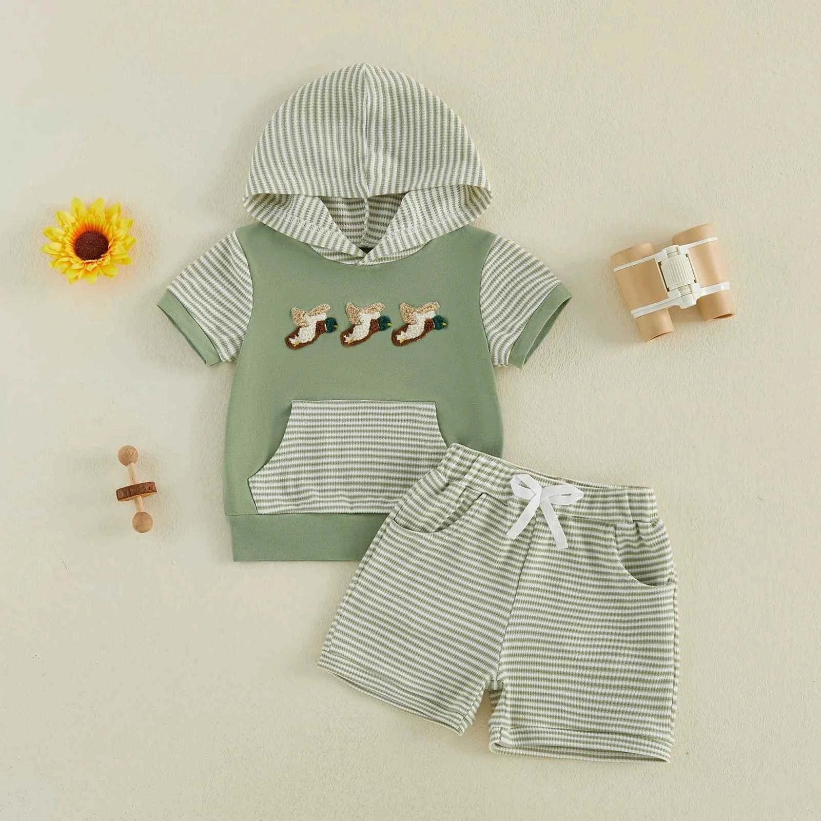 Cotton Striped Hooded Tee & Shorts Set With Duck Embroidery