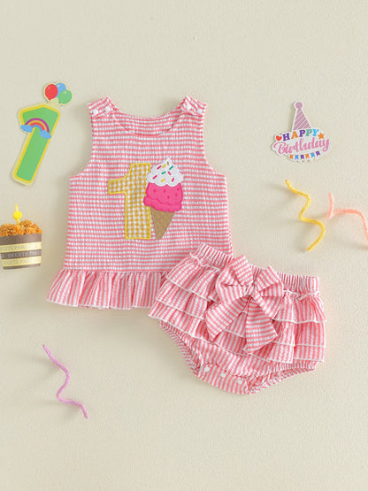 Pink Stripe Ice Cream Number One Top & Ruffled Bloomer Set