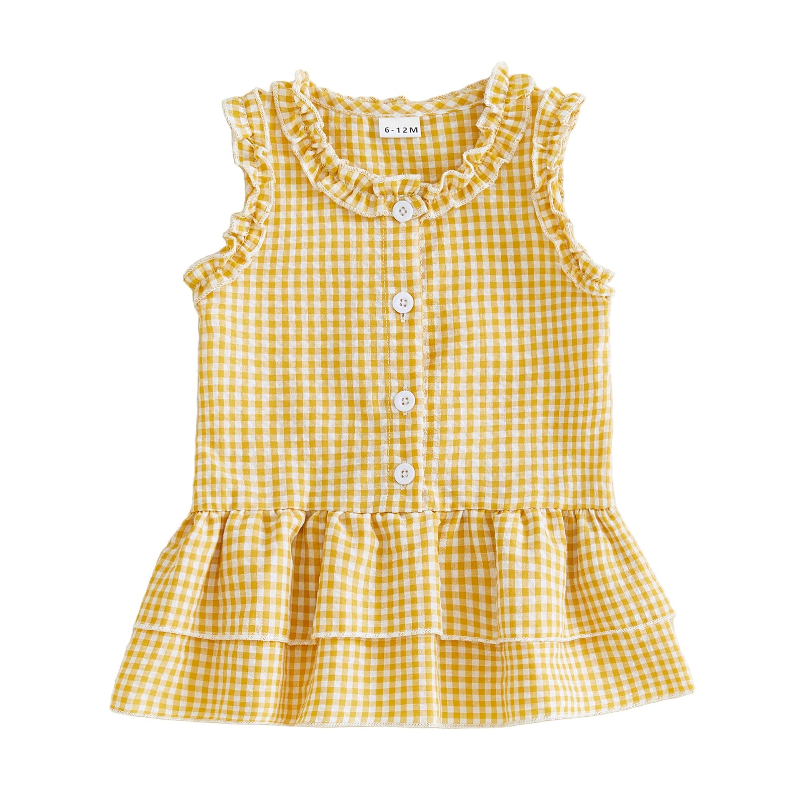 Gingham Ruffle Sleeve Button Tiered Dress