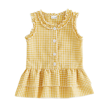 Gingham Ruffle Sleeve Button Tiered Dress
