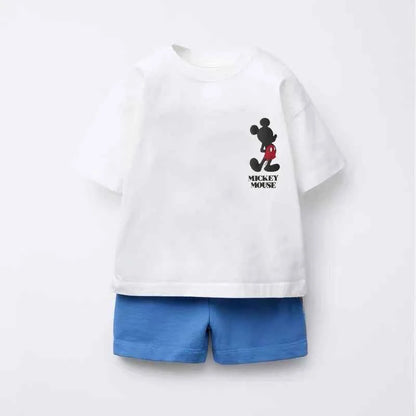 Cotton Inside Out & Mickey Mouse White Tshirts With Blue Shorts Set