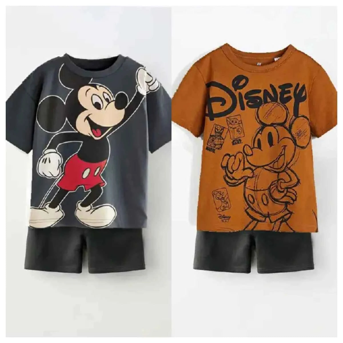 Cotton Mickey Mouse Printed Tees & Black Shorts Set
