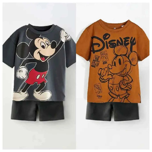 Cotton Mickey Mouse Printed Tees & Black Shorts Set