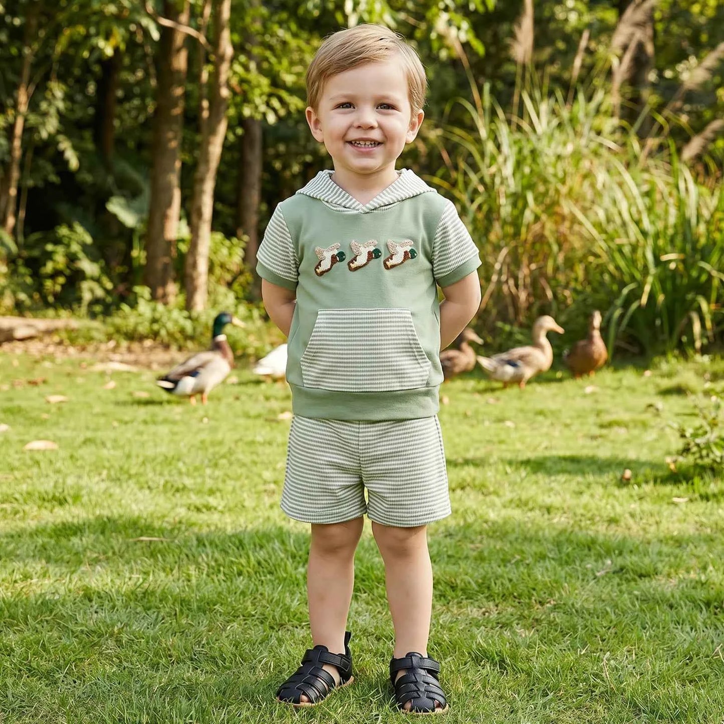 Cotton Striped Hooded Tee & Shorts Set With Duck Embroidery