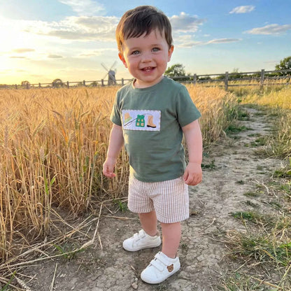 Cotton Green Fishing Motif Tee & Beige Striped Drawstring Shorts Set