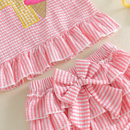 Pink Stripe Ice Cream Number One Top & Ruffled Bloomer Set