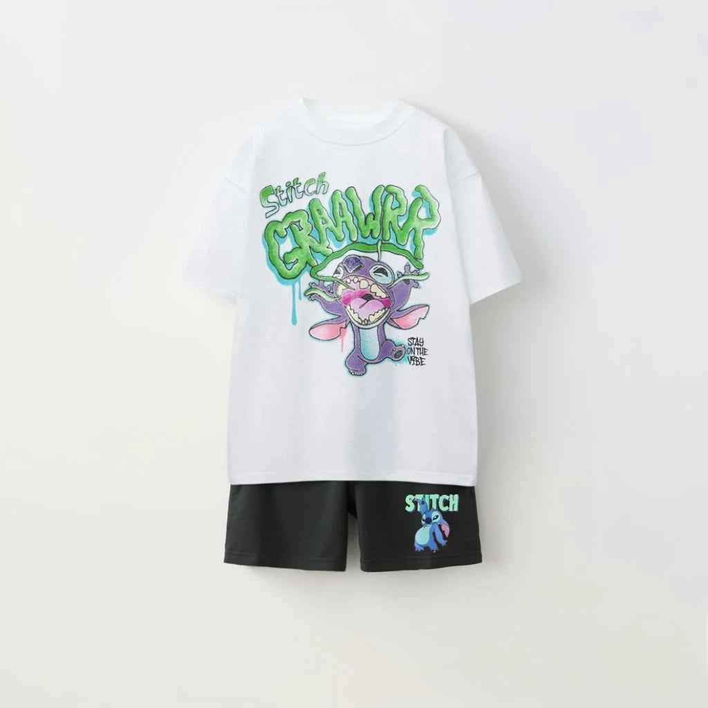 Cotton Stitch Summer Tee & Shorts Set With Cartoon Print