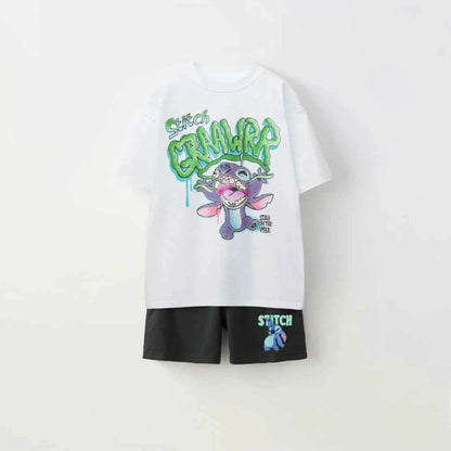 Cotton Stitch Summer Tee & Shorts Set With Cartoon Print