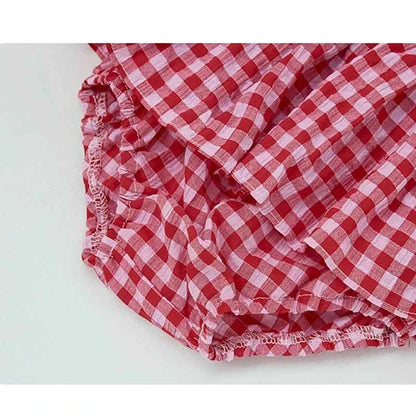 Cotton Red Cherry Tank Top & Plaid Skirt Bloomer Set