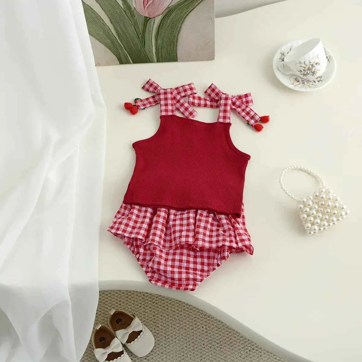 Cotton Red Cherry Tank Top & Plaid Skirt Bloomer Set