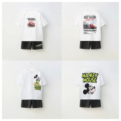 Cotton Lightning McQueen & Mickey Mouse White Tee & Shorts Set